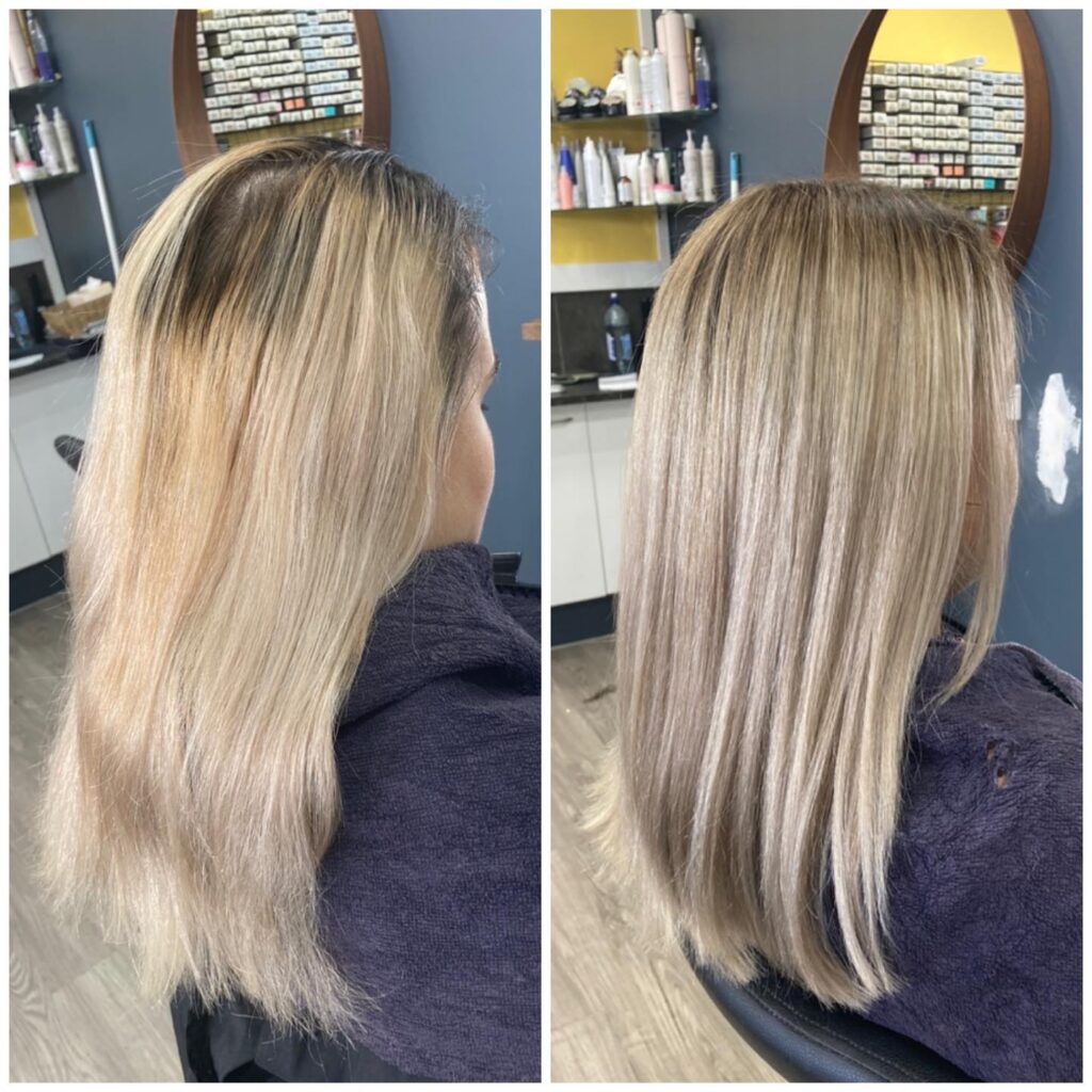 A before and after of a client who got her hair done by our blonde hair specialist on the Sunshine Coast - Olivia's Secret Hair & Beauty