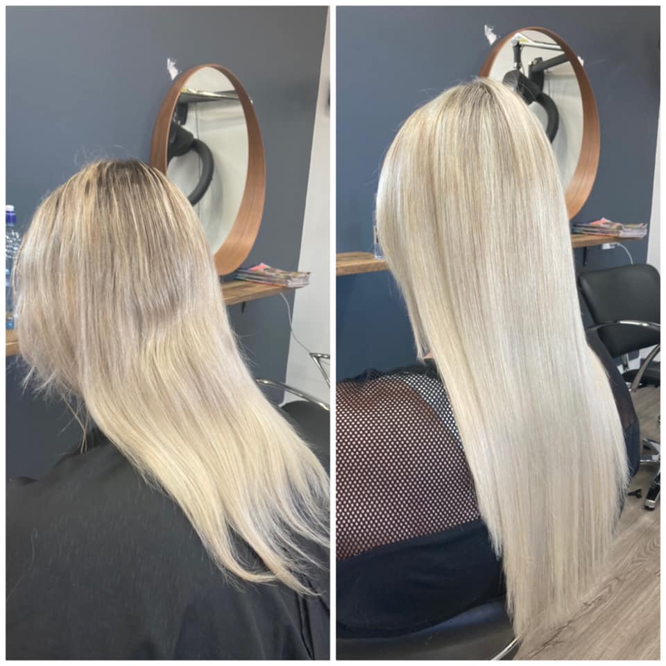 A before and after hair extension on the sunshine coast